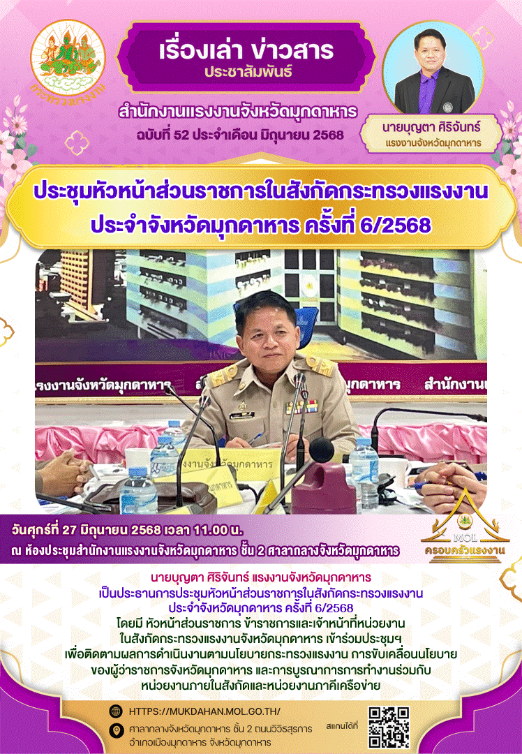 ประชุมหัวหน้าส่วนราชการในสังกัดกระทรวงแรงงานประจำจังหวัดมุกดาหาร ครั้งที่ 6/2568